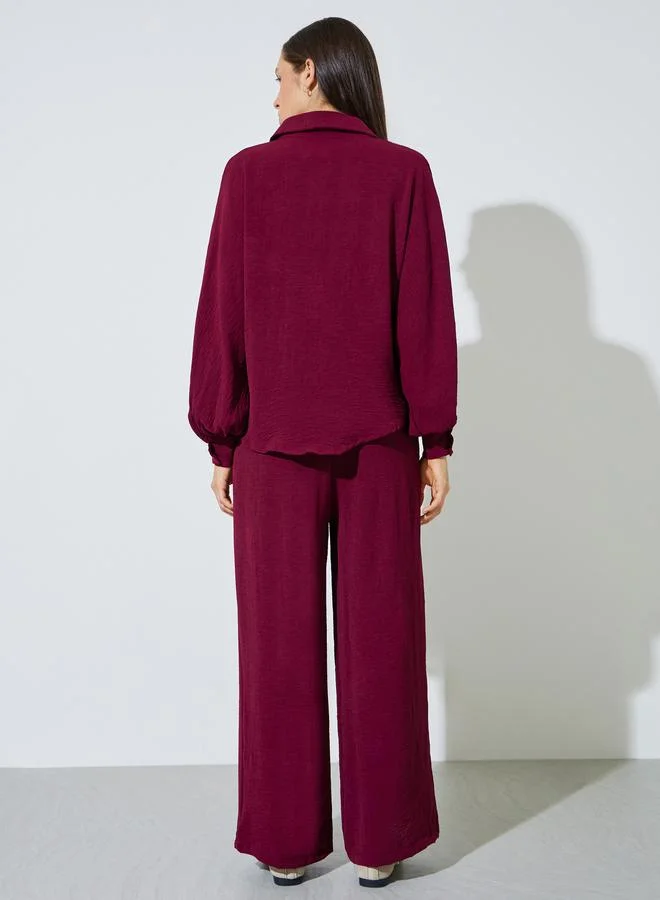 Styli  Burgundy Longline Shirt and Wide Leg Co-Ords for Women | Best Price UAE