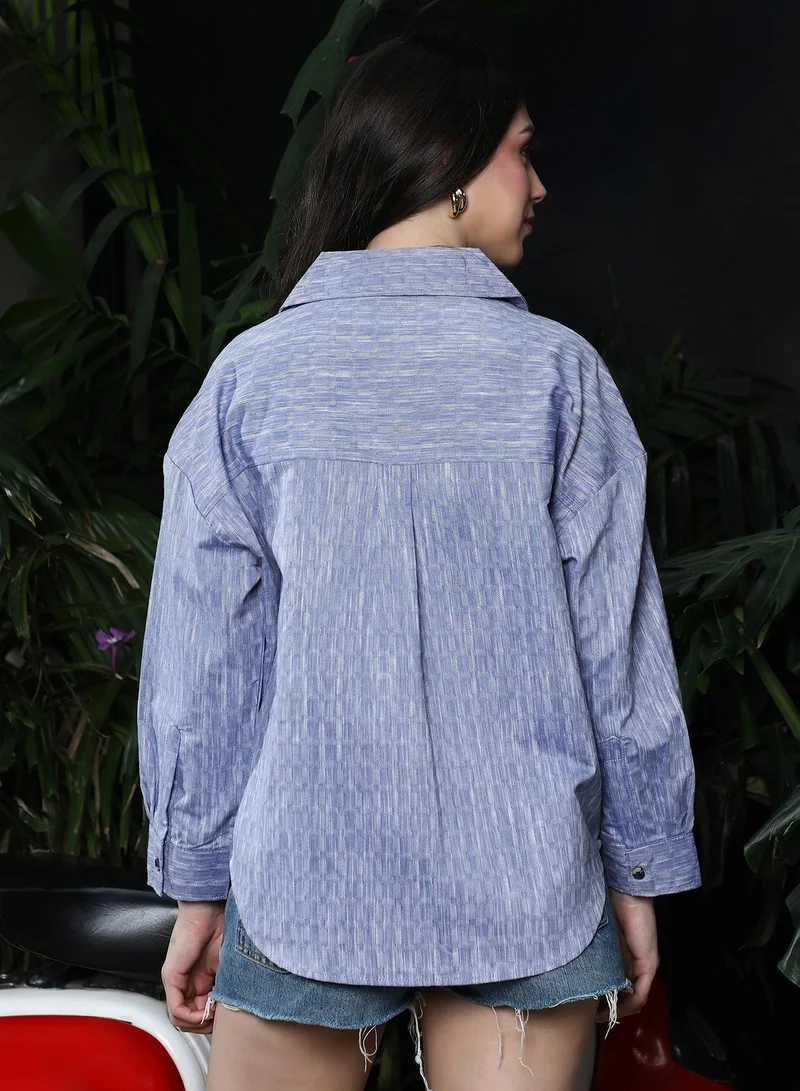 PINACOLADA  Women's Powder Blue Quad-Weave Oversized Shirt | نساء | أكمام طويلة | طبعة هندسية | طوق منتشر | كاجوال كبير الحجم | قميص for Women | Best Price UAE
