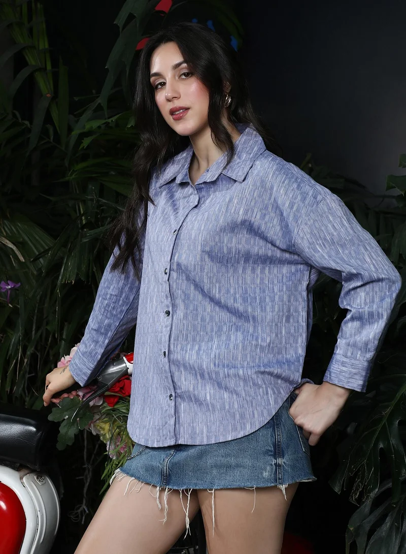 PINACOLADA  Women's Powder Blue Quad-Weave Oversized Shirt | نساء | أكمام طويلة | طبعة هندسية | طوق منتشر | كاجوال كبير الحجم | قميص for Women | Best Price UAE