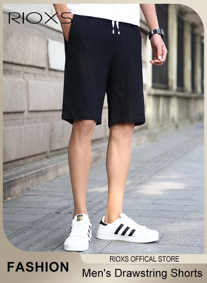 RIOXS Men's Athletic Casual Shorts, Summer Loose Fit Drawstring Sports Shorts with Pockets, Quick Dry Elastic Waist Beach Shorts for Men, Lightweight Breathable Baggy Solid Jogging Shorts for Workouts, Basketball, Training, Daily Casual Wearing, Black - Image 2