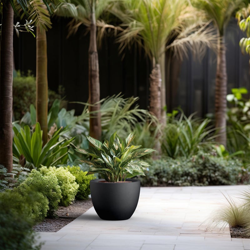 Kante 14.2 Inch Round Concrete Planter - Classic Large Indoor/Outdoor Plant Pot with Drainage Hole and Rubber Plug, Suitable for Gardens and Patios, Black - Image 5