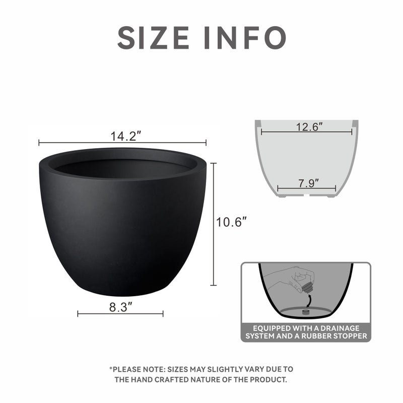 Kante 14.2 Inch Round Concrete Planter - Classic Large Indoor/Outdoor Plant Pot with Drainage Hole and Rubber Plug, Suitable for Gardens and Patios, Black - Image 2