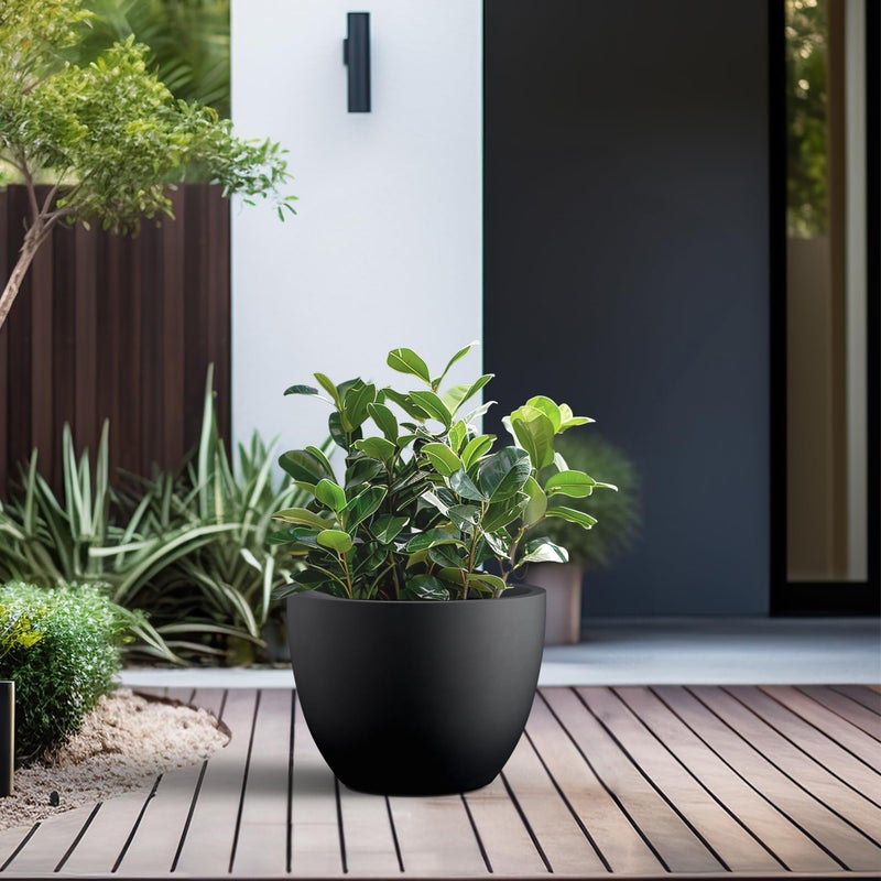 Kante 14.2 Inch Round Concrete Planter - Classic Large Indoor/Outdoor Plant Pot with Drainage Hole and Rubber Plug, Suitable for Gardens and Patios, Black - Image 4