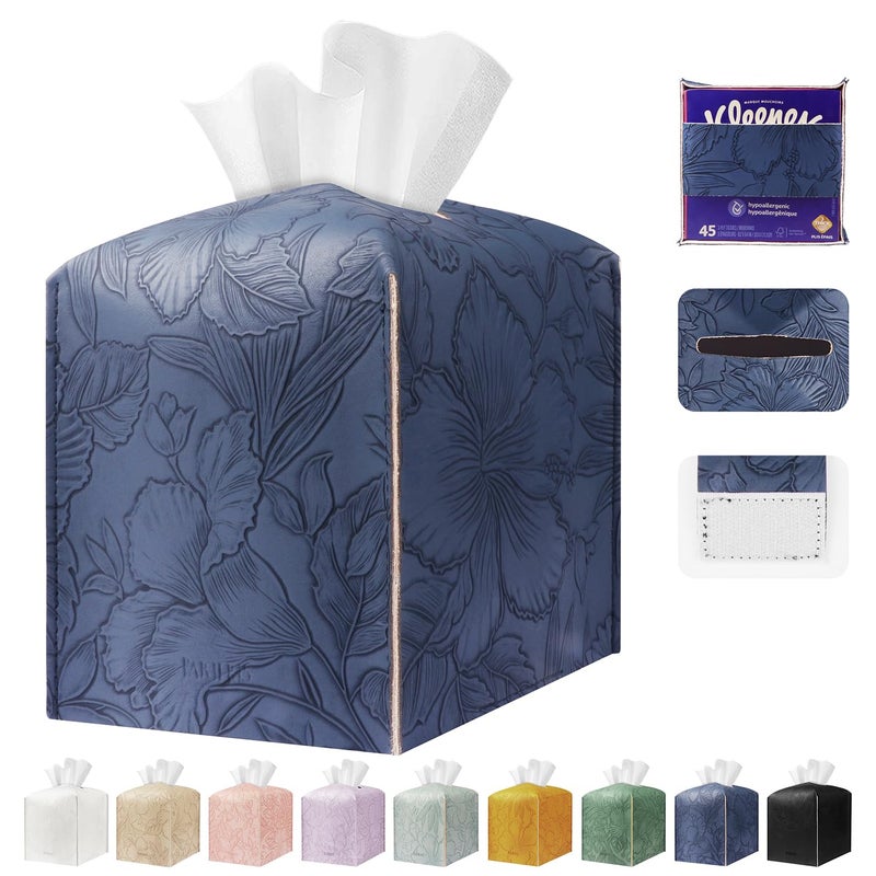 PARIERIS Square Tissue Cube Cover PU Leather Tissue Organizer with Bottom Belt for Bathroom, Tabletop, Kitchen, Night Stands, Office, Home, Car (Oceanblue) - Image 1