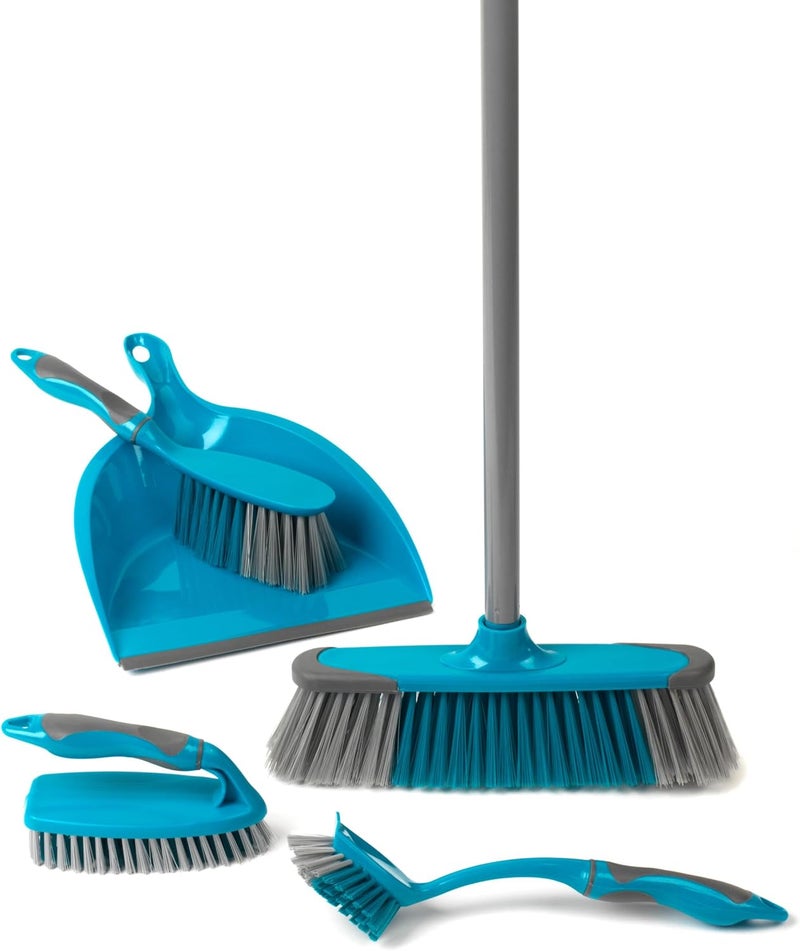 Beldray LA024152TQ 5 Piece Cleaning Set - Soft Bristle Broom Dustpan and Brush, Scrubbing Brush and Dish Brush, Cleaning Utensils, Spring Cleaning Kit, Sweeping, Soft Handles, Turquoise - Image 1