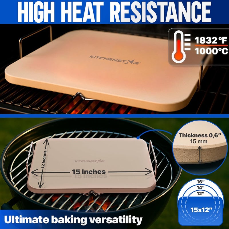 kitchen-star 15x12-inch Pizza Stone for Oven & BBQ Grill with Handles, Rectangular, 5/8" Thick - Natural Cordierite, 1800°F Resistant, Baking Stone Set with Stainless Steel Rack & Plastic Scraper Tool - Image 4