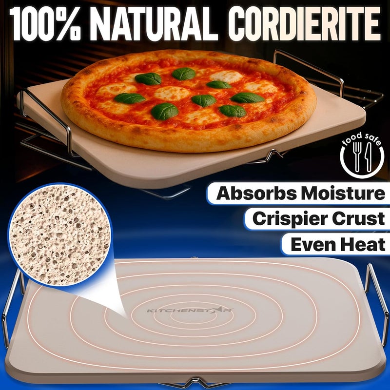 kitchen-star 15x12-inch Pizza Stone for Oven & BBQ Grill with Handles, Rectangular, 5/8" Thick - Natural Cordierite, 1800°F Resistant, Baking Stone Set with Stainless Steel Rack & Plastic Scraper Tool - Image 3