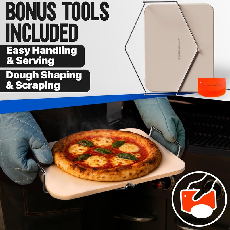 kitchen-star 15x12-inch Pizza Stone for Oven & BBQ Grill with Handles, Rectangular, 5/8" Thick - Natural Cordierite, 1800°F Resistant, Baking Stone Set with Stainless Steel Rack & Plastic Scraper Tool - Image 5