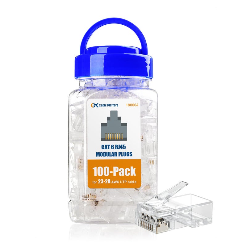 Cable Matters 100-Pack CAT6 RJ45 Modular Plugs, 50Âµ Gold Plated (RJ45 Connector, Cat 6 Ends, Cat 6 Ethernet Connector, Ethernet Plugs), for Solid or Stranded UTP Cable - Image 1