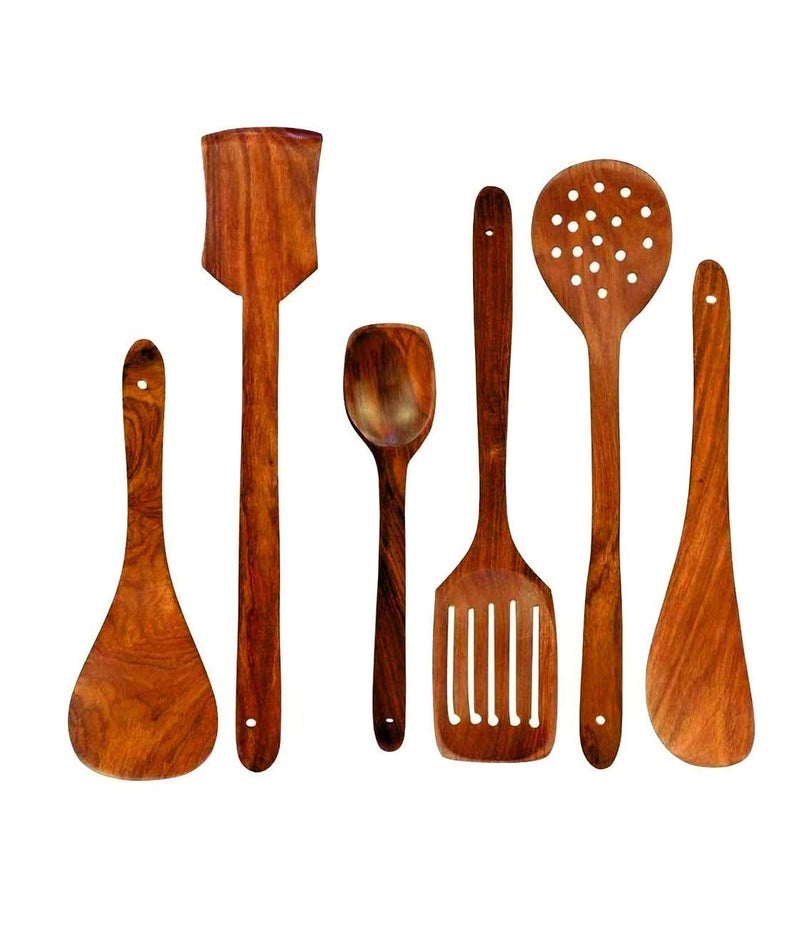 BS Case Handmade Ultra Finish Wooden SpoonKitchen Cooking SpoonNon Stick Serving Set of 6 28CM2 Frying1 Serving1 Chapati Spoon1 Desert1 RiceCooking Spoon