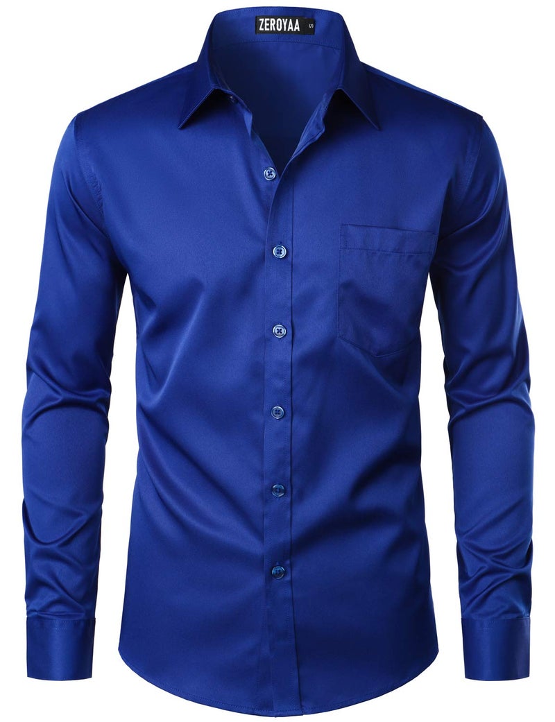 ZEROYAA Mens Urban Stylish Casual Business Slim Fit Long Sleeve Button Up Dress Shirt with Pocket ZLCL29 Royal XXLarge