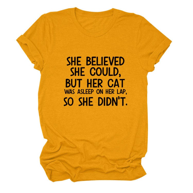 She Believed She C Letter Printed Loose T-Shirt Versatile and Comfortable Short Sleeves - Image 1