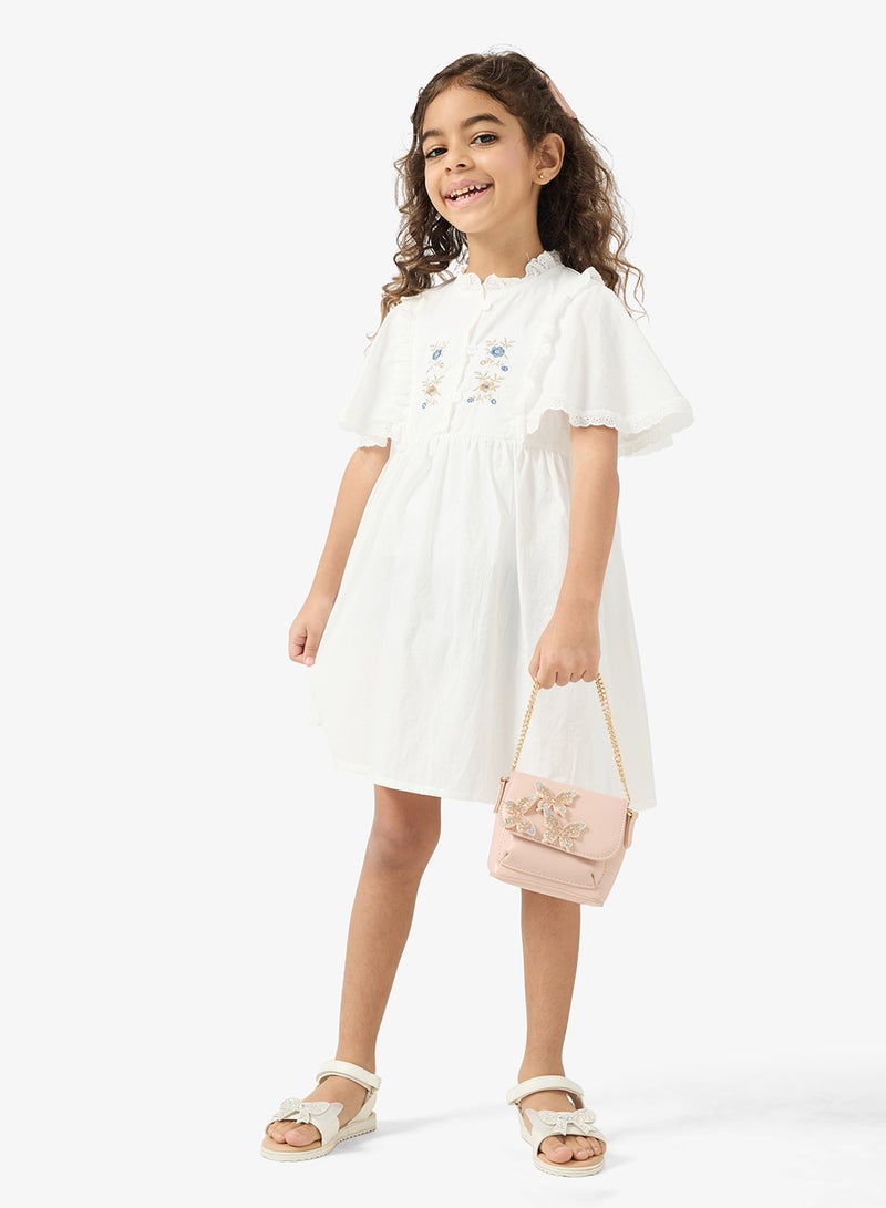 Pinata Ruffle Shoulder Embroidered White Dress - Image 1
