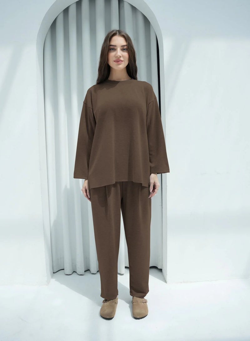 Andy 6653 | Women's Premium Cotton Oversized Two-Piece Lounge Set – Relaxed Fit Top with Long Sleeves and Wide-Leg Pants | Chocolate