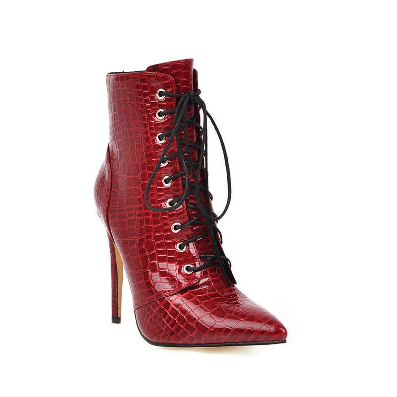 Fs502437 Women'S Boots Embossed Patent Leather High Heel Red Women'S Boots Lace-Up Pointed Heel Ankle Boots - Image 5