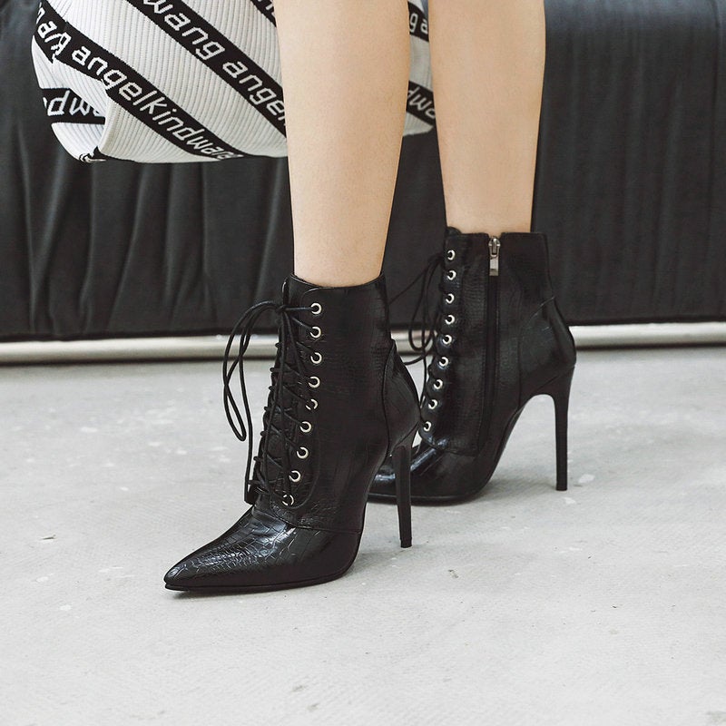 Fs502437 Women'S Boots Embossed Patent Leather High Heel Red Women'S Boots Lace-Up Pointed Heel Ankle Boots - Image 3