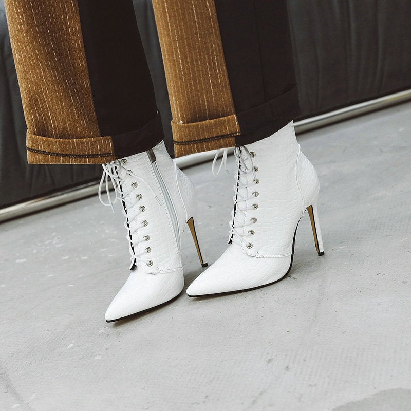 Fs502437 Women'S Boots Embossed Patent Leather High Heel Red Women'S Boots Lace-Up Pointed Heel Ankle Boots - Image 4