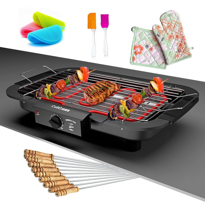 Cultbuzz Electric Barbecue Grill Smokeless Portable Adjustable Temperature Control 2000 Watt Indoor And Outdoor Water Filled Drip Tray Removable Bbq Gloves Scrubber Oil Brush Free Standing - Image 1