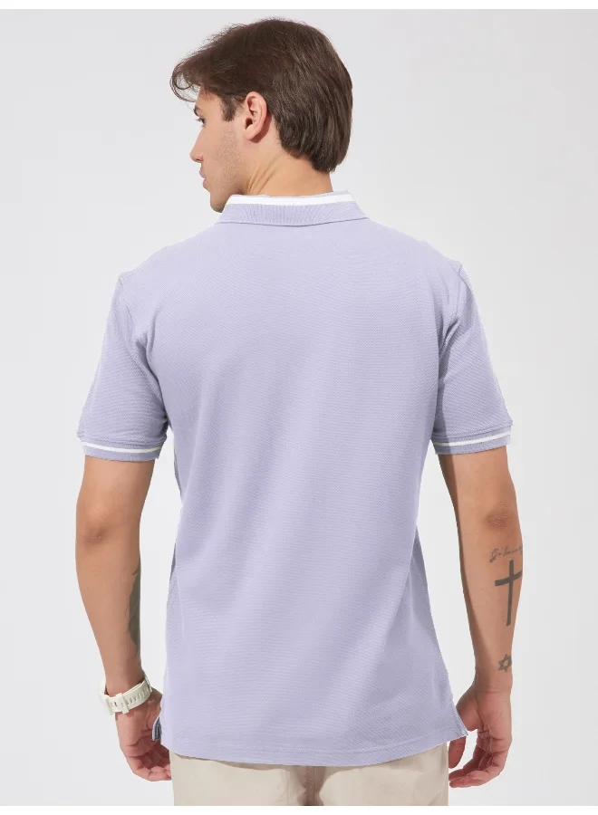 مانياك Mens Solid Polo Neck Half Sleeve Purple Cotton Slim Fit T-Shirt