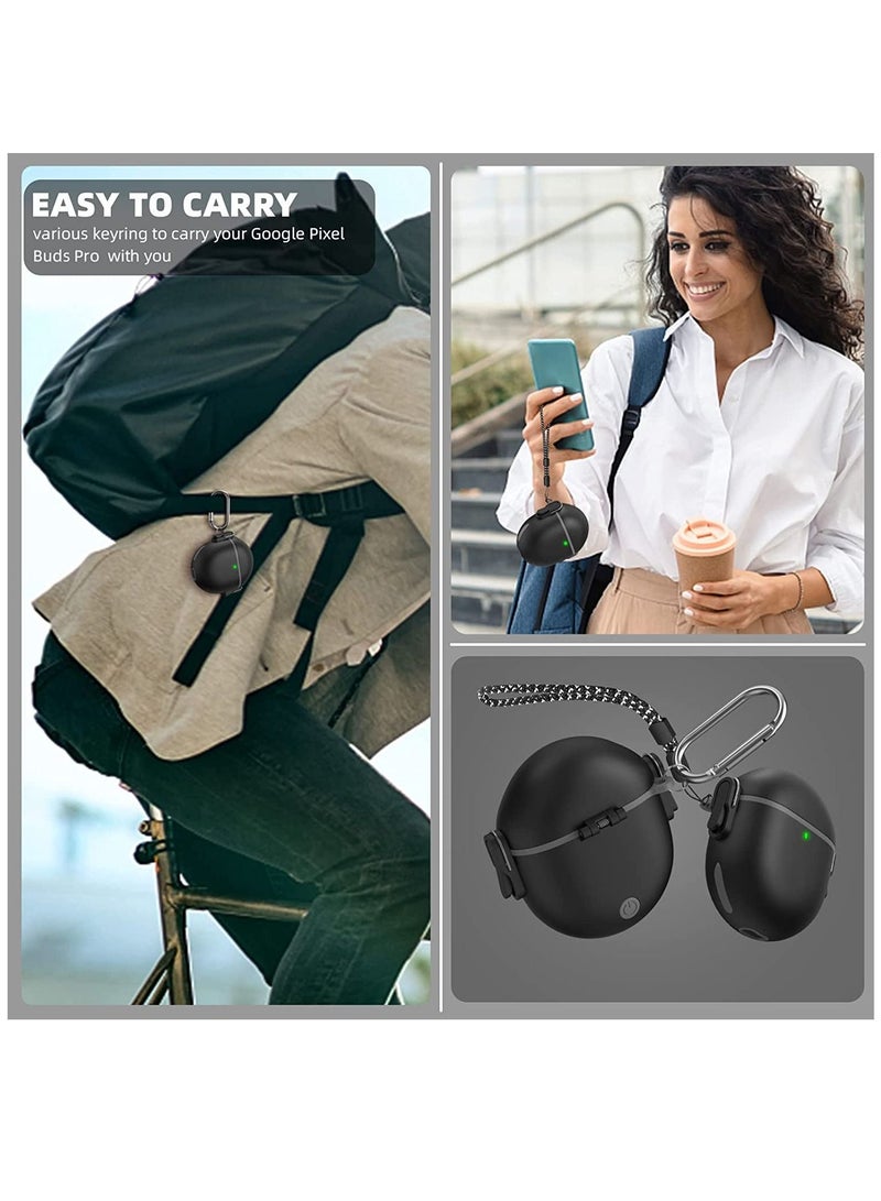 Google Pixel Buds Pro Case(2022) Secure Lock Shock-Absorbing Protective Cover Skin for Pixel Buds Pro Accessories with Carabiner & Lanyard [One-Click Pop] (Black)