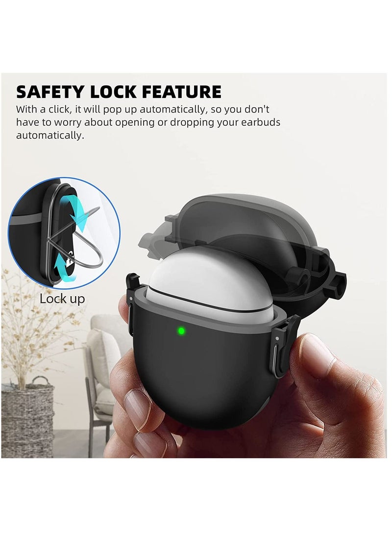 Google Pixel Buds Pro Case(2022) Secure Lock Shock-Absorbing Protective Cover Skin for Pixel Buds Pro Accessories with Carabiner & Lanyard [One-Click Pop] (Black)