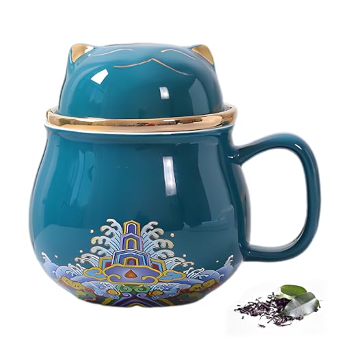 DEARART Beautiful Tea Cup and Lid Filter 108oz Ceramic Mug Easy to Clean Keep Hot Steeping Loose Leaf Tea Bag Coffee Milk Cute Cat Green