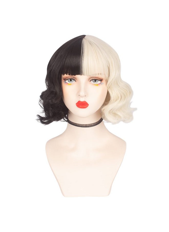 Askuang - Black And Light Blonde Wig For Cruella Deville Costume Women Short Curly Half Black Half Light Blonde Wig With Bangs Heat Resistant Wigs For Women Girls Cosplay Halloween Costume Party - Image 1