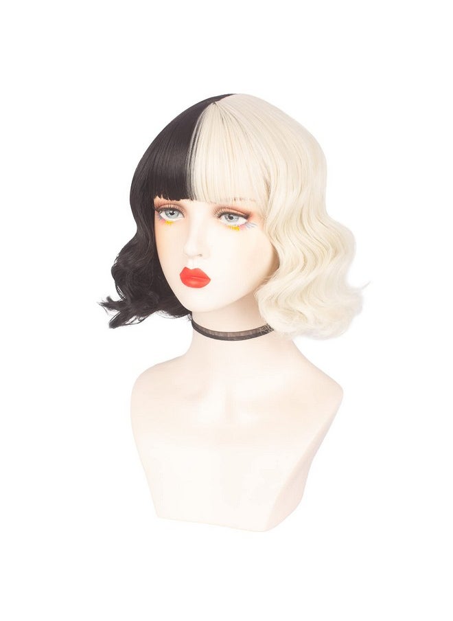 Askuang - Black And Light Blonde Wig For Cruella Deville Costume Women Short Curly Half Black Half Light Blonde Wig With Bangs Heat Resistant Wigs For Women Girls Cosplay Halloween Costume Party - Image 1
