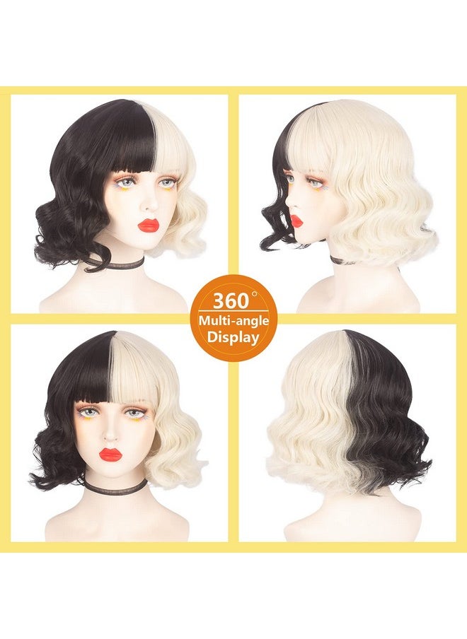 Askuang - Black And Light Blonde Wig For Cruella Deville Costume Women Short Curly Half Black Half Light Blonde Wig With Bangs Heat Resistant Wigs For Women Girls Cosplay Halloween Costume Party - Image 1
