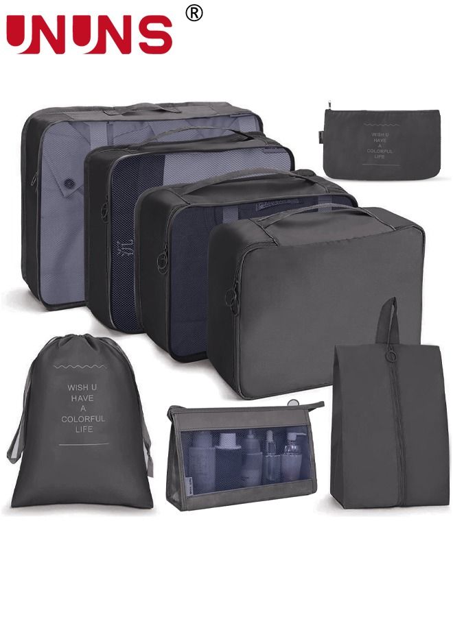 UNUNS مكعبات تعبئة، 8 عبوات من حقائب تخزين لتنظيم أمتعة السفر، مكعبات تعبئة بأحجام مختلفة لحقائب السفر، أساسيات إكسسوارات السفر، مكعبات سفر خفيفة لحمل حقائب السفر، أسود - Image 1