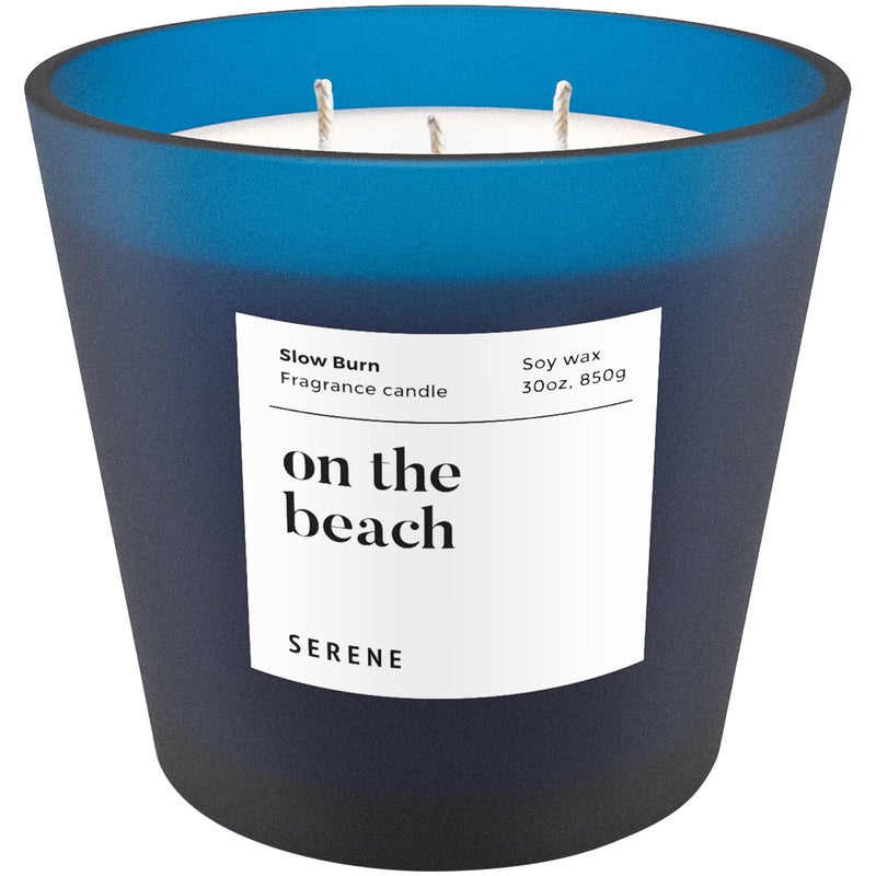 Hidden Label Large Scented Candle On The Beach 30oz 3 Wick Huge Candle Serene Collection Slow Burn Natural Soy Candles for Home Scented
