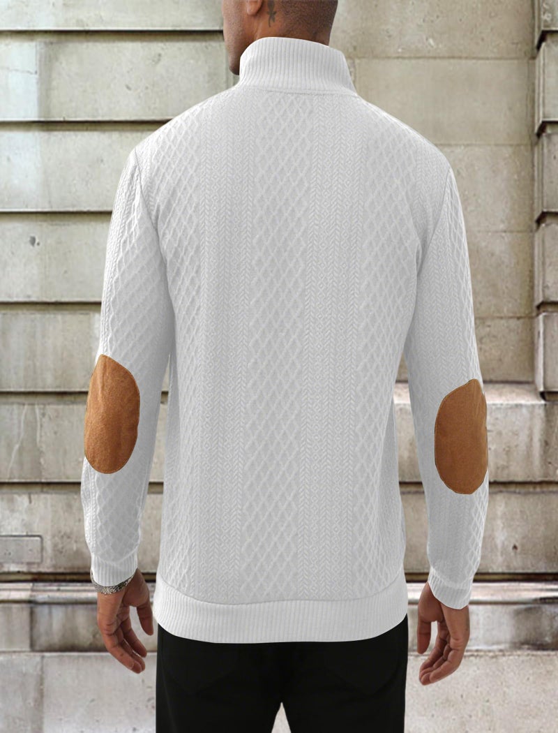 Lexiart Mens Casual Knitted Pullover Sweater Long Sleeve Stand Collar Vintage Button Sweaters with Elbow Patches White - Image 5