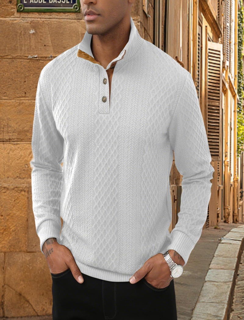 Lexiart Mens Casual Knitted Pullover Sweater Long Sleeve Stand Collar Vintage Button Sweaters with Elbow Patches White - Image 3