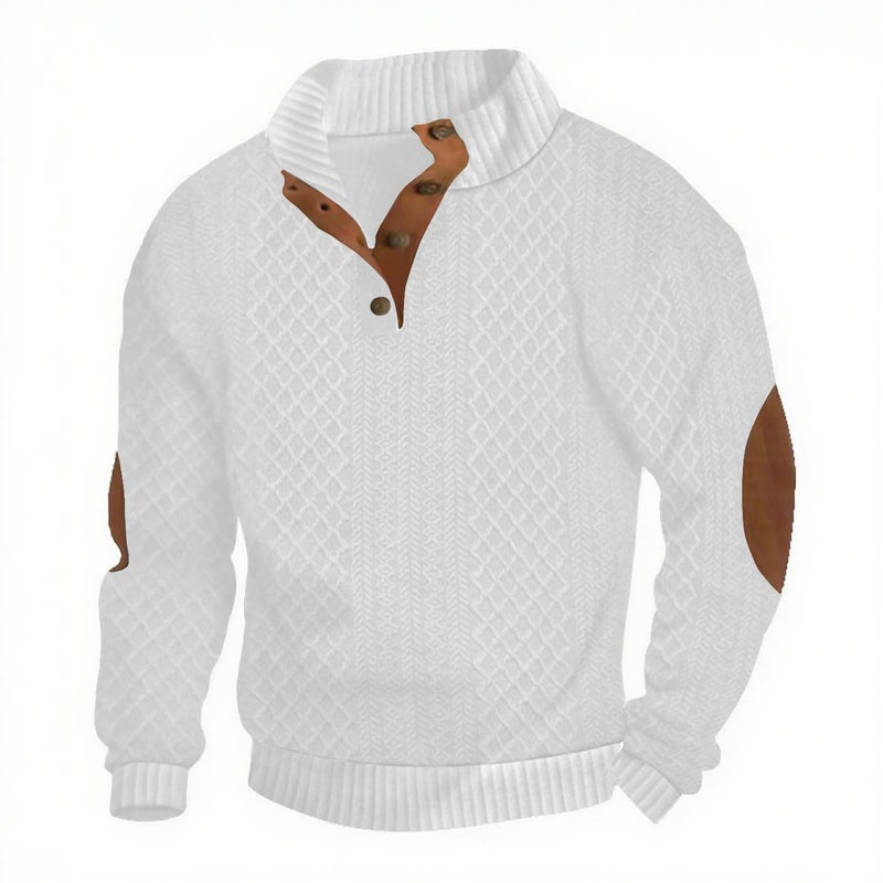 Lexiart Mens Casual Knitted Pullover Sweater Long Sleeve Stand Collar Vintage Button Sweaters with Elbow Patches White - Image 1