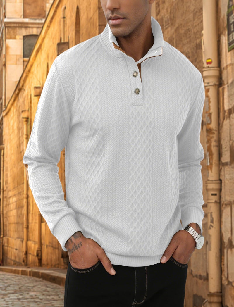 Lexiart Mens Casual Knitted Pullover Sweater Long Sleeve Stand Collar Vintage Button Sweaters with Elbow Patches White - Image 2