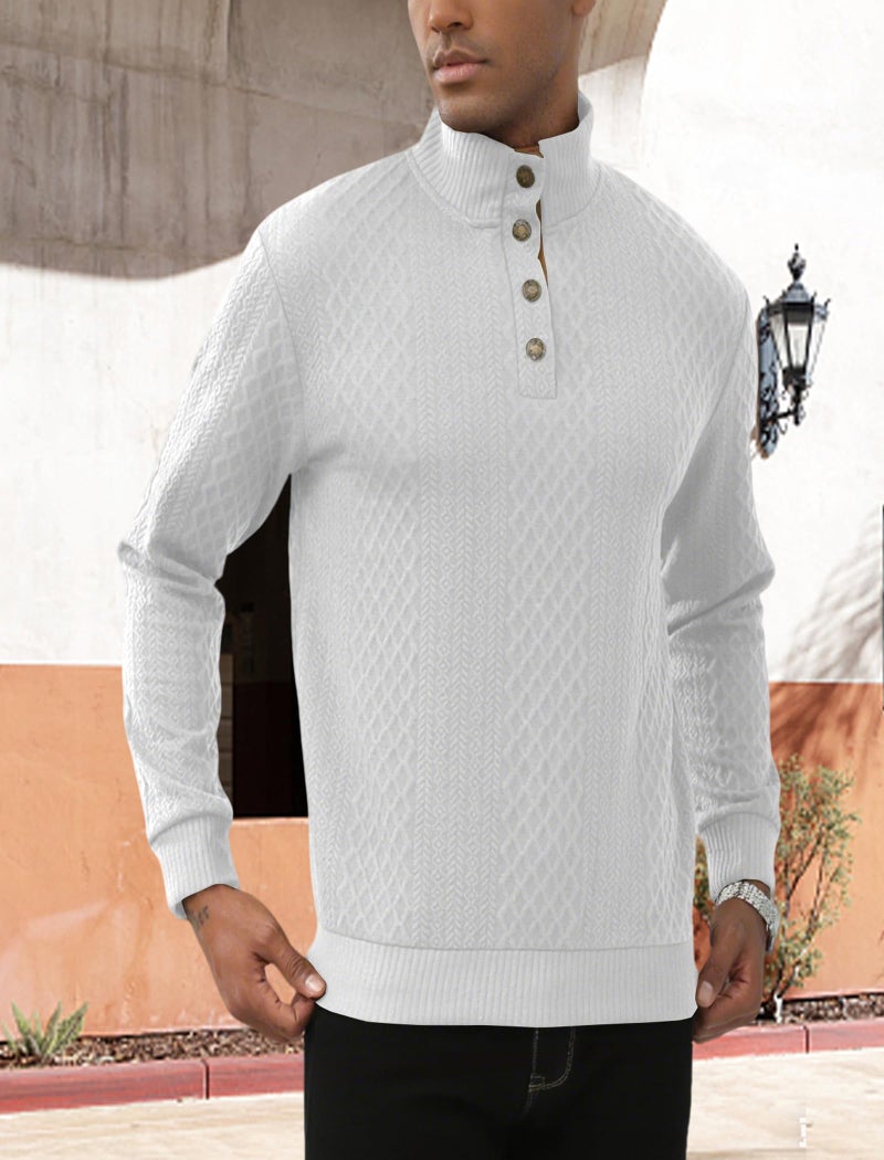 Lexiart Mens Casual Knitted Pullover Sweater Long Sleeve Stand Collar Vintage Button Sweaters with Elbow Patches White - Image 4