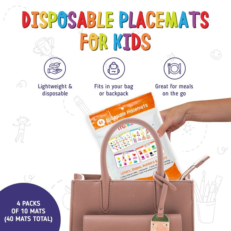 Merka Disposable Placemats for Baby & Toddler - 12 x 18 in, 40-Pack Multicolor - Peel & Stick Adhesive - Sticky Placemats for Toddlers - Educational Numbers, Letters & Shapes - Image 2