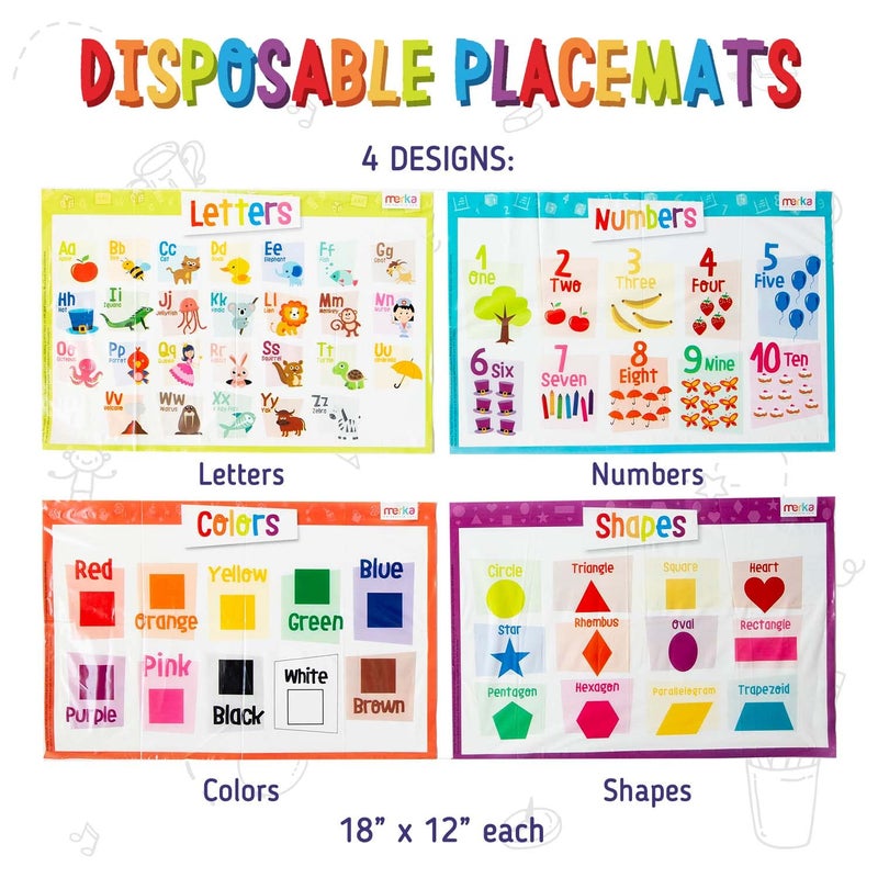 Merka Disposable Placemats for Baby & Toddler - 12 x 18 in, 40-Pack Multicolor - Peel & Stick Adhesive - Sticky Placemats for Toddlers - Educational Numbers, Letters & Shapes - Image 5