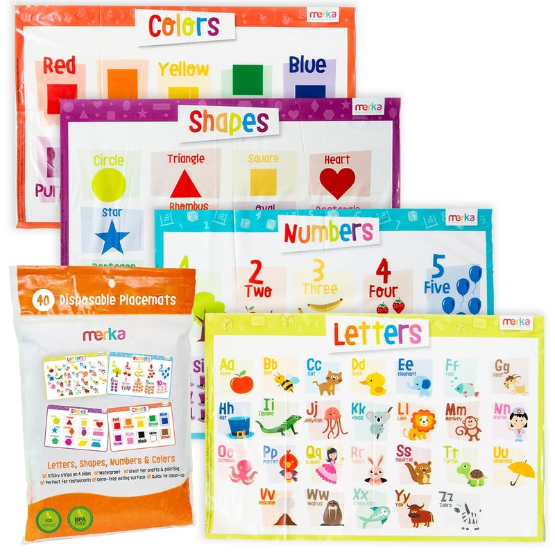 Merka Disposable Placemats for Baby & Toddler - 12 x 18 in, 40-Pack Multicolor - Peel & Stick Adhesive - Sticky Placemats for Toddlers - Educational Numbers, Letters & Shapes - Image 1
