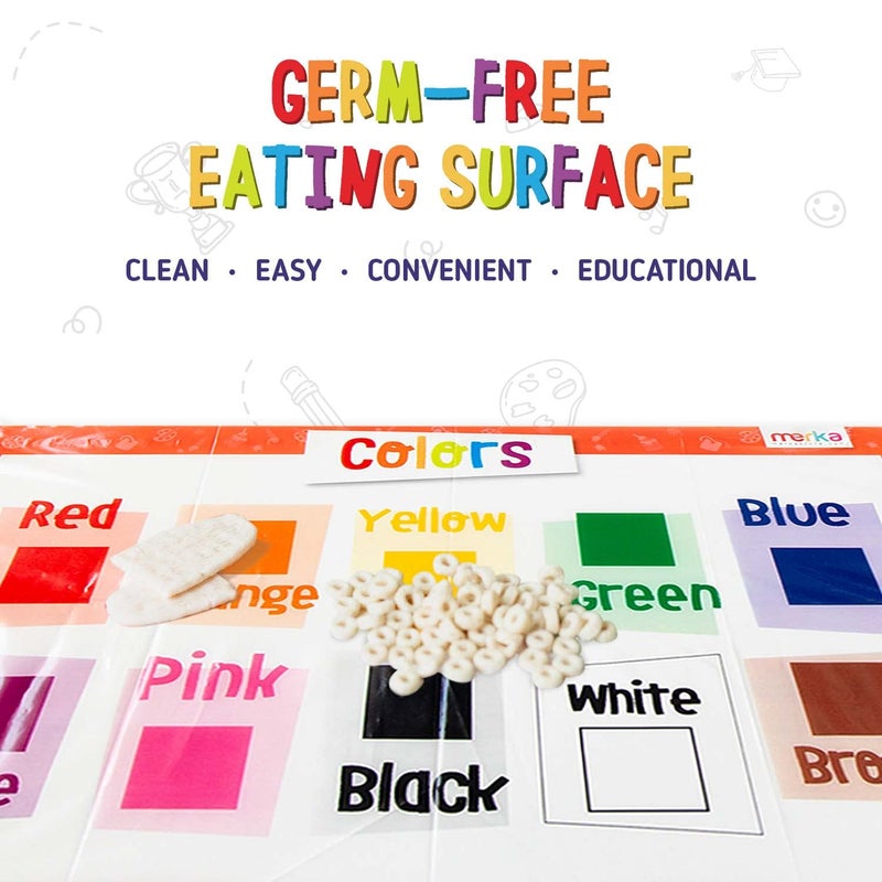 Merka Disposable Placemats for Baby & Toddler - 12 x 18 in, 40-Pack Multicolor - Peel & Stick Adhesive - Sticky Placemats for Toddlers - Educational Numbers, Letters & Shapes - Image 3