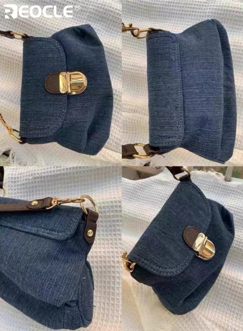 REOCLE Women's Denim Crossbody Bag Textured Jean Fabric Handbag with Hardware & Adjustable Strap Retro Casual Shoulder Bag for Daily Outfits & Street Style - Image 5