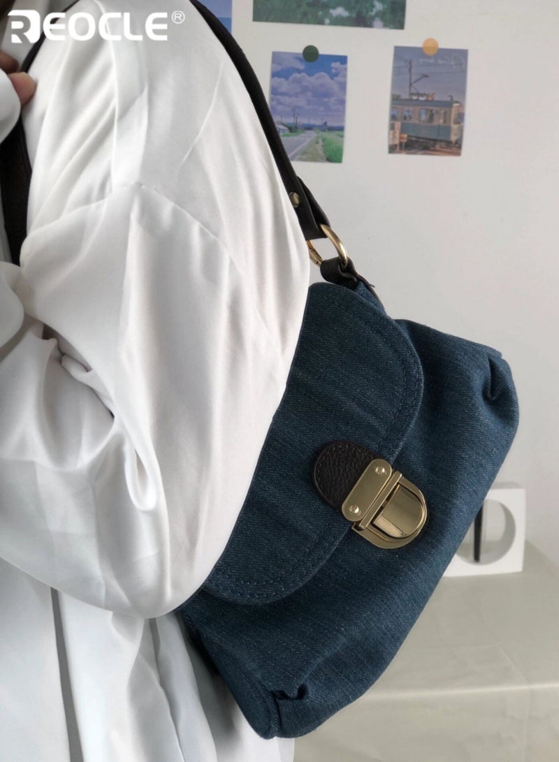 REOCLE Women's Denim Crossbody Bag Textured Jean Fabric Handbag with Hardware & Adjustable Strap Retro Casual Shoulder Bag for Daily Outfits & Street Style - Image 2