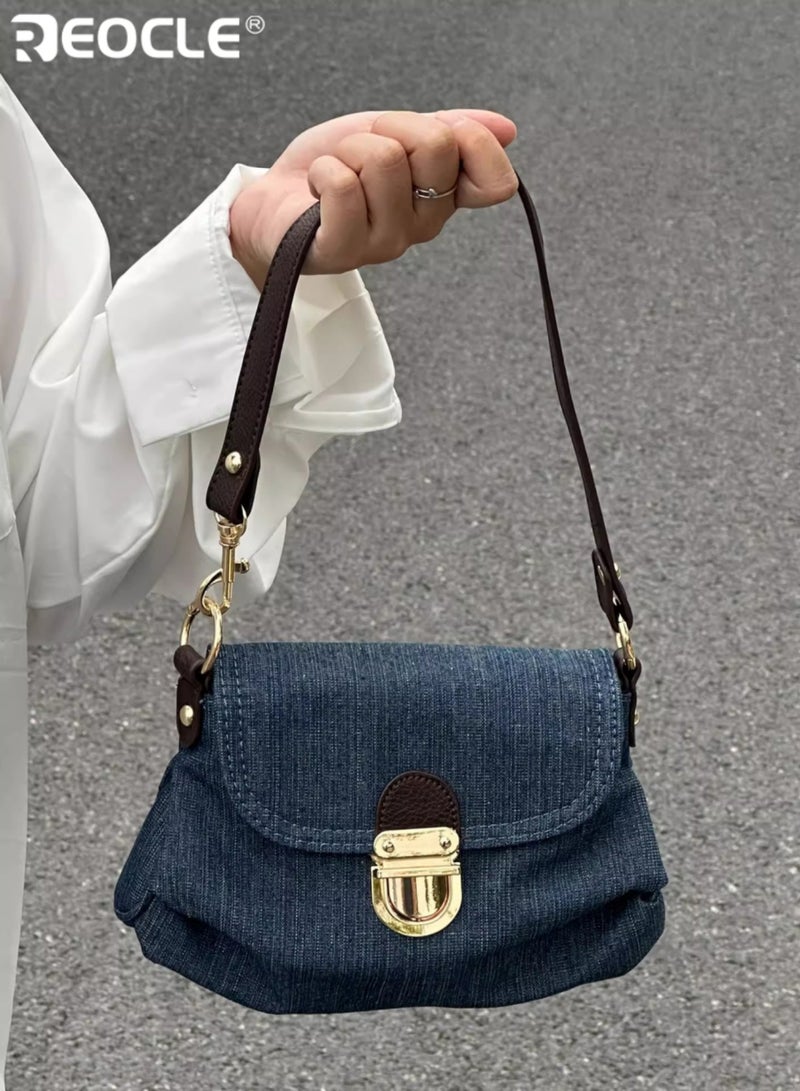 REOCLE Women's Denim Crossbody Bag Textured Jean Fabric Handbag with Hardware & Adjustable Strap Retro Casual Shoulder Bag for Daily Outfits & Street Style - Image 3