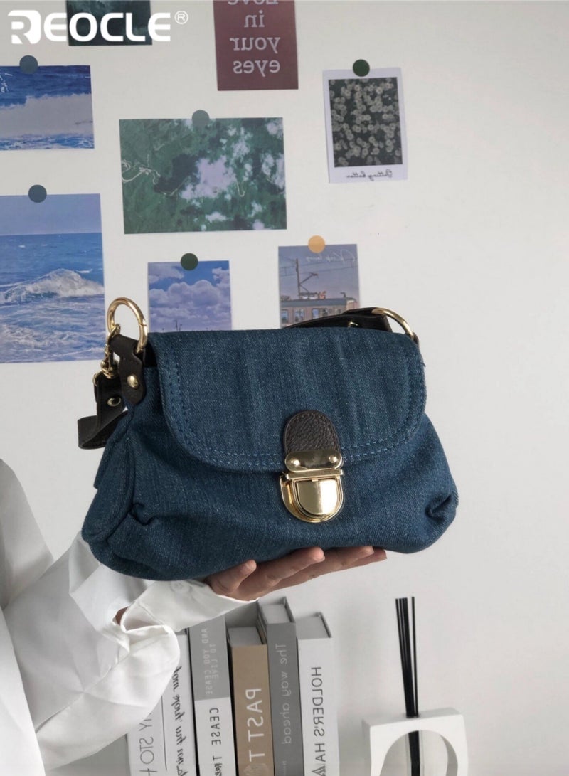 REOCLE Women's Denim Crossbody Bag Textured Jean Fabric Handbag with Hardware & Adjustable Strap Retro Casual Shoulder Bag for Daily Outfits & Street Style - Image 4