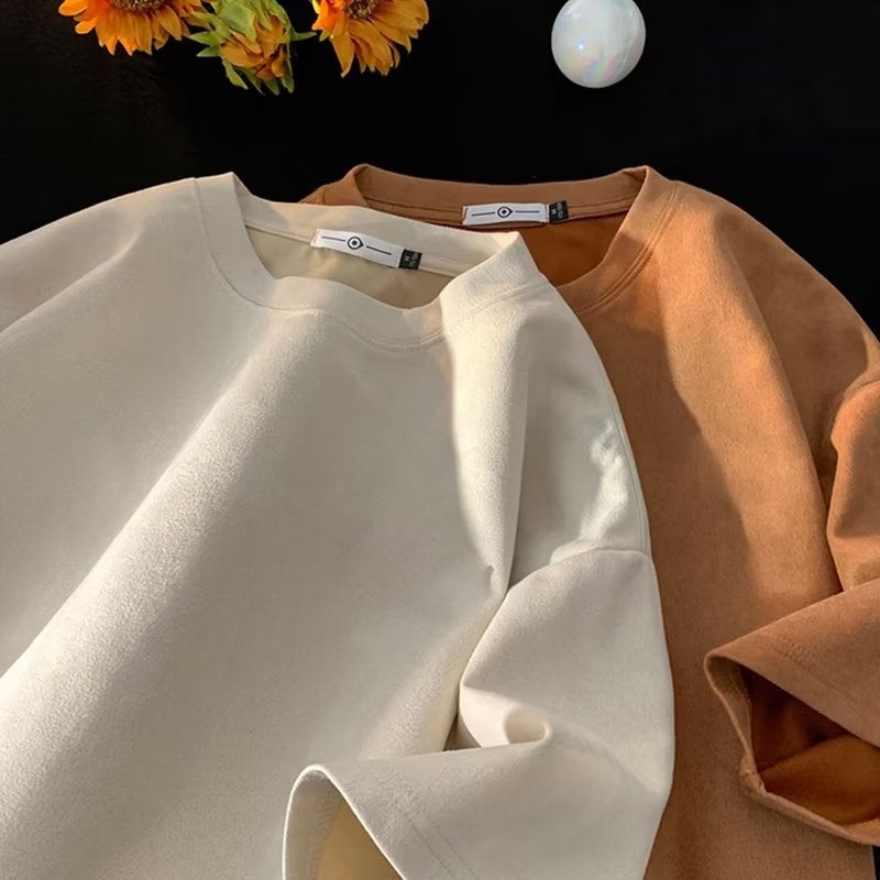 Suede Mid-Sleeve Heavy Short-Sleeved T-Shirt For Men And Women American Style Retro Short-Sleeved Trendy Brand Basic Base Half Sleeve - Image 1