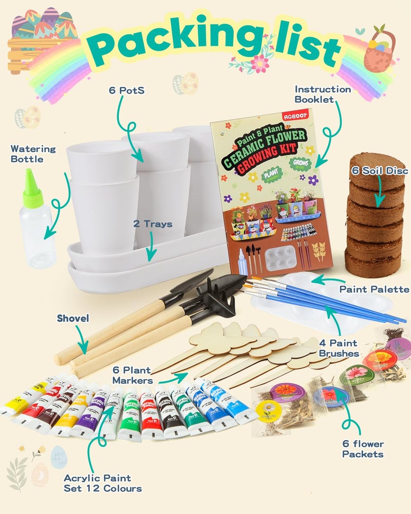 RGBDOT Kids Gardening Set Paint and Plant Stoneware Flower Growing Kit with 6 Pots and Gardening Tools Arts and Crafts for Kids Ages 8-12 Best Childrenâ€™s Day Gift for Girls Boys Ages 5 6 7 8 9 10 - Image 2