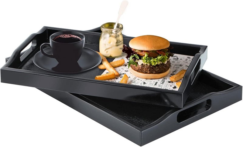 MDLUU Adjustable build Set of 2 Plastic Serving Trays Ottoman Tray with Cut-Out Handles, Rectangular Butler Tray for Breakfast in Bed, Coffee Table, Kitchen Countertop (Black) Repeated use friendly design - Image 2