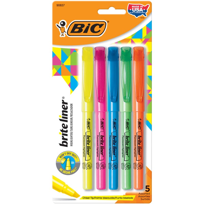 BIC Brite Liner Highlighters, Chisel Tip, 5-Count Pack of Highlighters Assorted Colors, Ideal Highlighter Set for Organizing and Coloring - Image 1