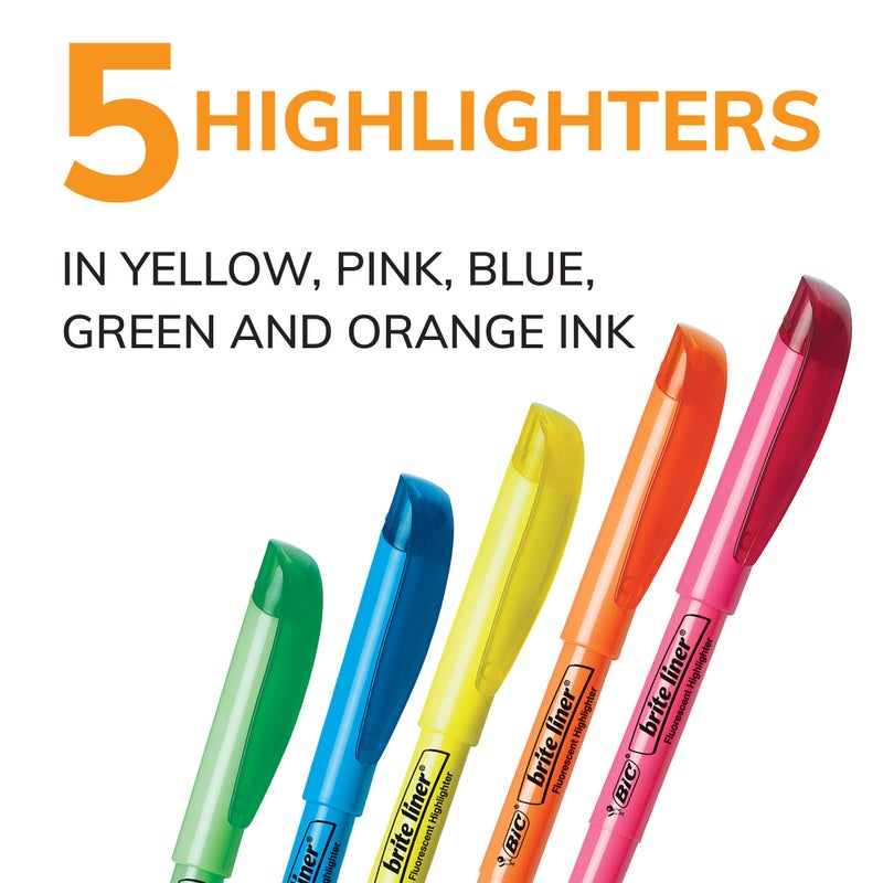 BIC Brite Liner Highlighters, Chisel Tip, 5-Count Pack of Highlighters Assorted Colors, Ideal Highlighter Set for Organizing and Coloring - Image 2