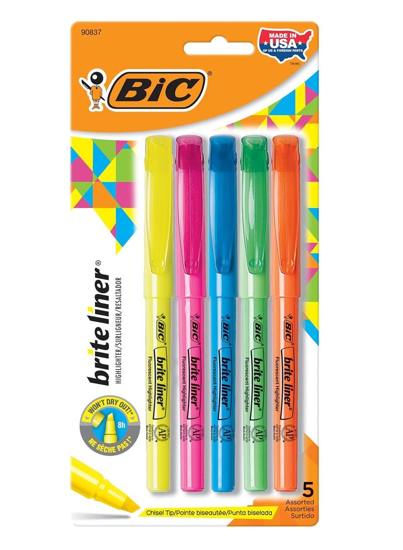 Bic BIC Brite Liner Highlighters, Chisel Tip, 5-Count Pack of Highlighters Assorted Colors, Ideal Highlighter Set for Organizing and Coloring  - Image 1
